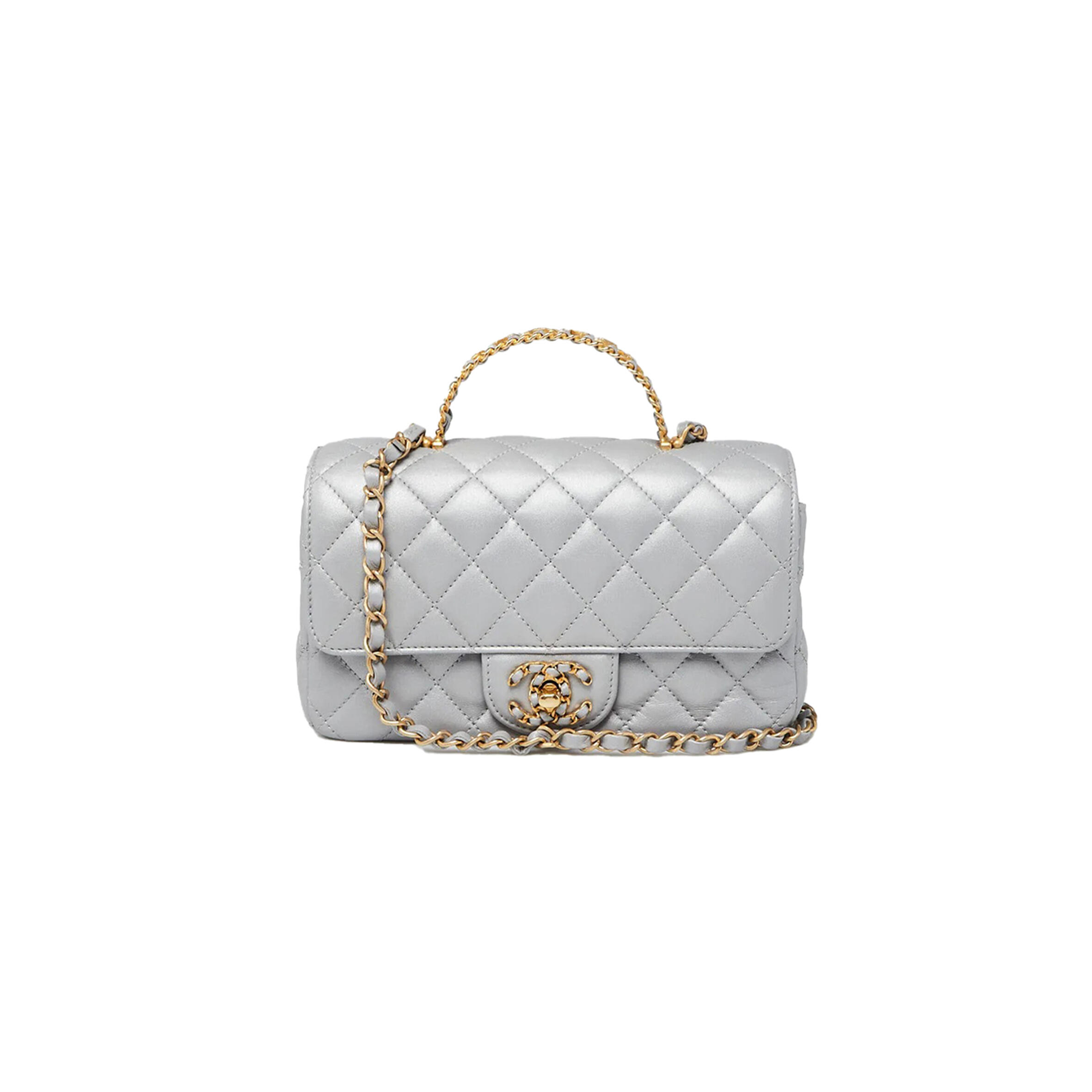 CHANEL SILVER QUILTED LAMBSKIN LEATHER STRASS ON TOP MINI FLAP BAG AS4362 (20*13*6cm)  
